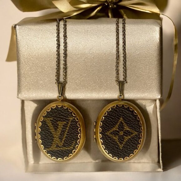 Upcycled Reworked L V Monogram Canvas Locket Necklace Handmade Flower Motif - Picture 10 of 15
